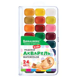 Краски акварельные BRAUBERG KIDS NEW, медовые, 24 цвета, квадратные кюветы, пластиковый пенал с европодвесом, 192797