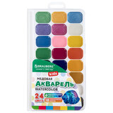 Краски акварельные BRAUBERG KIDS NEW, медовые, 24 цвета (18 базовых + 6 перламутр), квадратные кюветы, пластик. пенал с европодвесом, 192798