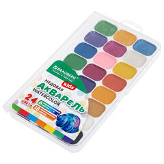 Краски акварельные BRAUBERG KIDS NEW, медовые, 24 цвета (18 базовых + 6 перламутр), квадратные кюветы, пластик. пенал с европодвесом, 192798