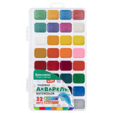 Краски акварельные BRAUBERG KIDS NEW, медовые, 32 цвета (24 базовых + 8 перламутр), квадратные кюветы, пластик. пенал с европодвесом, 192799