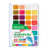 Краски акварельные BRAUBERG KIDS NEW, медовые, 32 цвета (24 базовых + 8 перламутр), квадратные кюветы, пластик. пенал с европодвесом, 192799