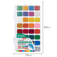 Краски акварельные BRAUBERG KIDS NEW, медовые, 32 цвета (24 базовых + 8 перламутр), квадратные кюветы, пластик. пенал с европодвесом, 192799