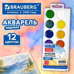 Краски акварельные для школ и худож. училищ BRAUBERG "ART ПЕЙЗАЖ", медовые, 12 цветов, круглые кюветы, пластик. пенал с европодвесом, 192814