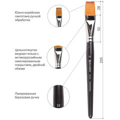 Кисть художественная профессиональная BRAUBERG ART CLASSIC, синтетика мягкая под колонок, плоская, № 22, короткая ручка, 200706