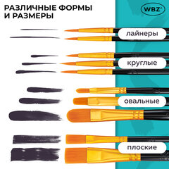 Кисти набор 10 шт., синтетика, черные, № 2/0-8 (Круглые; Овальные; Плоские; Лайнеры), WBZ (ВБЗ), 201084