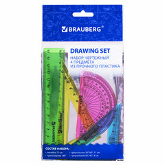 Набор чертежный малый BRAUBERG &laquo;Crystal&raquo; (линейка 15 см, 2 угольника, транспортир), цветной, 210295