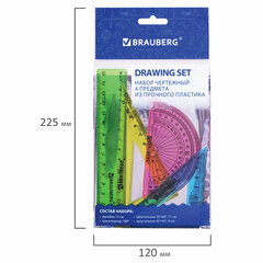 Набор чертежный малый BRAUBERG &laquo;Crystal&raquo; (линейка 15 см, 2 угольника, транспортир), цветной, 210295