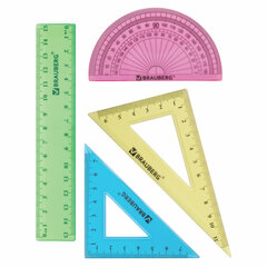 Набор чертежный малый BRAUBERG &laquo;Crystal&raquo; (линейка 15 см, 2 угольника, транспортир), цветной, 210295