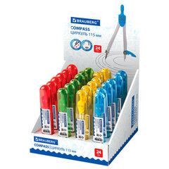 Циркуль с защитным колпачком BRAUBERG &laquo;Klasse&raquo;, 115 мм, пластиковый пенал, ассорти, дисплей, 210526