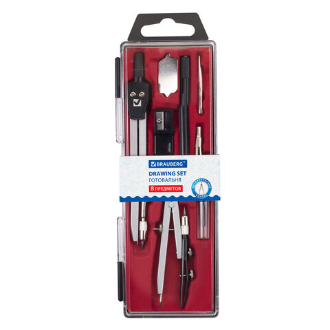 Готовальня BRAUBERG "Architect", 8 предметов: циркуль + кронциркуль, вставки + держатель, отвёртка, точилка, грифель, 210659