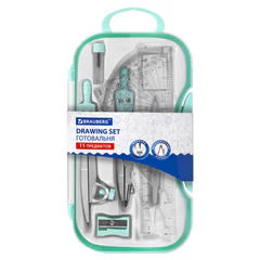 Готовальня BRAUBERG SCHOOL KIT, 11 предметов, циркуль 115 мм, циркуль 125 мм, чертежные принадлежности, мятный цвет, 210706