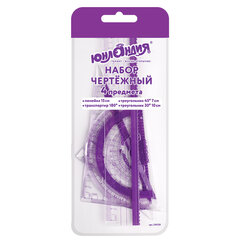 Набор чертежный малый ЮНЛАНДИЯ &laquo;ГЕОМЕТРИЯ&raquo; (линейка 15 см, 2 треугольника, транспортир), фиолетовая шкала, 210739