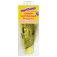 Набор чертежный малый ЮНЛАНДИЯ &laquo;START 3D&raquo; (линейка 15 см, 2 треугольника, транспортир), прозрачный, желтый, 210741