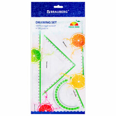 Набор чертежный большой BRAUBERG &laquo;FRESH ZONE&raquo; (линейка 30 см, 2 треугольника, транспортир) с салатовой шкалой, 210764