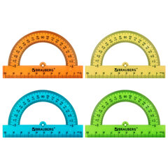 Транспортир пластиковый 10 см, 180 градусов, BRAUBERG, прозрачный, неоновый, ассорти, 210847