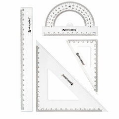 Набор чертежный BRAUBERG (линейка 20 см, 2 треугольника, транспортир), прозрачный, 210853