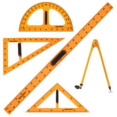 Набор чертежный для классной доски Compact (2 треугольника, транспортир, циркуль, складная линейка 100 см), BRAUBERG, 210872