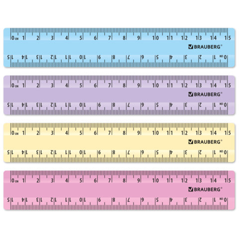 Линейки пластиковые 15 см пастельные BRAUBERG, НАБОР 4 штуки, непрозрачные, пенал, 210880 - фото 2