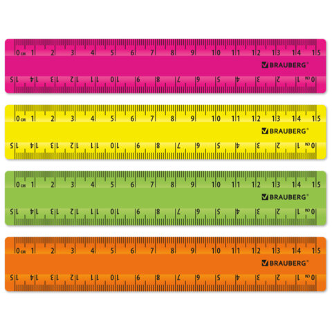 Линейки пластиковые 15 см неоновые BRAUBERG, НАБОР 4 штуки, непрозрачные, пенал, 210881 - фото 2