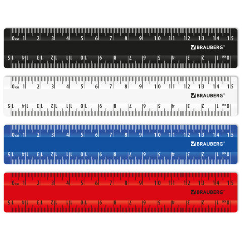Линейки пластиковые 15 см классические BRAUBERG, НАБОР 4 штуки, непрозрачные, пенал, 210883 - фото 2