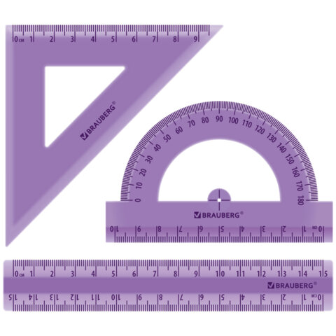 Набор чертежный BRAUBERG (линейка 15 см, треугольник, транспортир), фиолетовый, прозрачный, пенал, 210888 - фото 2