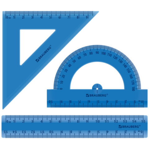 Набор чертежный BRAUBERG (линейка 15 см, треугольник, транспортир), синий, прозрачный, пенал, 210889 - фото 2