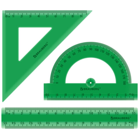 Набор чертежный BRAUBERG (линейка 15 см, треугольник, транспортир), зеленый, прозрачный, пенал, 210890 - фото 2