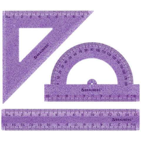 Набор чертежный BRAUBERG (линейка 15 см, треугольник, транспортир), фиолетовый, блестки, прозрачный, пенал, 210891 - фото 2