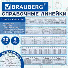 Линейки пластиковые 20 см справочные BRAUBERG, НАБОР 5 шт., для 1-11 классов, пенал, 210893