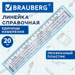 Линейка пластиковая 20 см BRAUBERG, справочная, единицы измерения, 210901