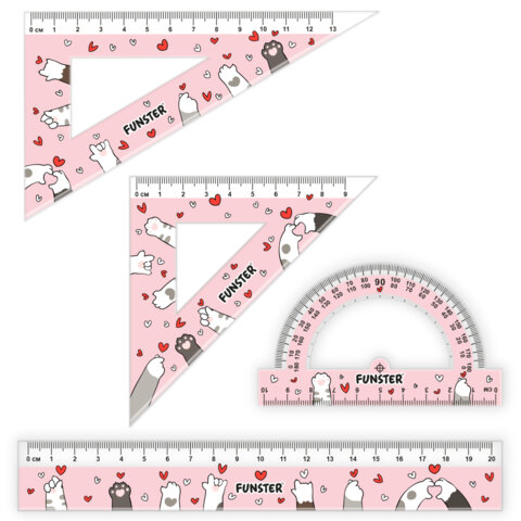 Набор чертежный FUNSTER (линейка 20 см, 2 треугольник, транспортир), "КОТЫ", пенал, 210912 - фото 2
