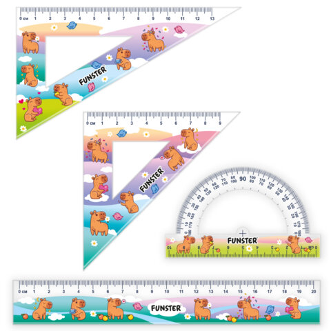 Набор чертежный FUNSTER (линейка 20 см, 2 треугольник, транспортир), "КАПИБАРЫ", пенал, 210913 - фото 2