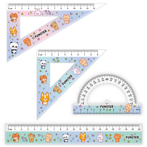 Набор чертежный FUNSTER (линейка 20 см, 2 треугольник, транспортир), "ЗВЕРУШКИ", пенал, 210914 - фото 2