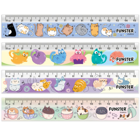 Линейки пластиковые 15 см FUNSTER, "КОТЫ", НАБОР 4 штуки, пенал, 210915 - фото 2
