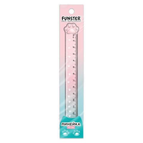 Линейка пластиковая 15 см, FUNSTER, "ЛАПКА", прозрачная, европодвес, 210919