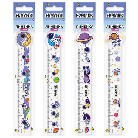 Линейка пластиковая 15 см фигурная, FUNSTER, "КОСМОНАВТЫ", прозрачная, ассорти, европодвес, 210920