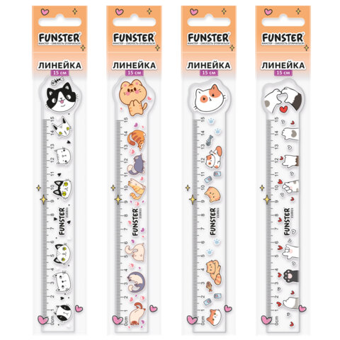 Линейка пластиковая 15 см фигурная, FUNSTER, "КОТЫ", прозрачная, ассорти, европодвес, 210921