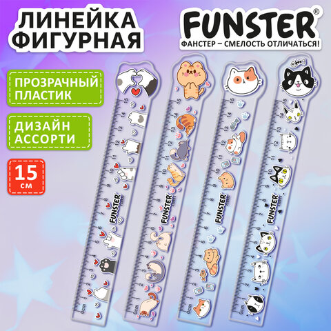 Линейка пластиковая 15 см фигурная, FUNSTER, "КОТЫ", прозрачная, ассорти, европодвес, 210921 - фото 3