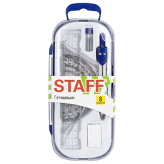 Готовальня STAFF, 8 предметов: циркуль 115 мм, чертежные принадлежности, синий цвет, 210943