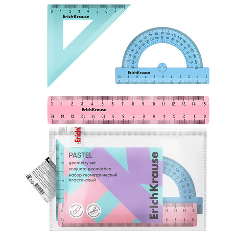 Набор чертежный ERICH KRAUSE Pastel (линейка 15 см, треугольник, транспортир), ассорти, zip-пакет, 57926