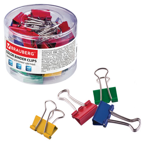 Зажимы для бумаг BRAUBERG, КОМПЛЕКТ 40 шт., 19 мм, на 60 листов, цветные, в пластиковом цилиндре, 221127