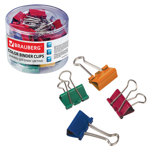 Зажимы для бумаг BRAUBERG, КОМПЛЕКТ 48 шт., 25 мм, на 100 листов, цветные, в пластиковом цилиндре, 221128