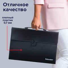 Папка-портфель пластиковая BRAUBERG А4+ (390&times;260&times;40 мм), 3 отделения, фактура линейная, черная, 221389
