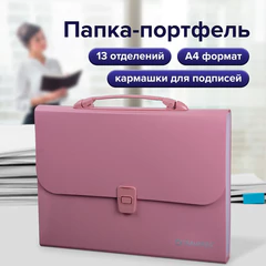 Папка-портфель пластиковая BRAUBERG А4 (327&times;254&times;30 мм), 13 отделений, розовая, 221441