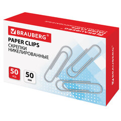 Скрепки большие 50 мм, BRAUBERG, никелированные, 50 шт., в картонной коробке, РОССИЯ, 221525