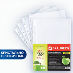 Изображение товара Папки-файлы перфорированные А4 BRAUBERG PREMIUM 100 шт. прозрачные 35 мкм