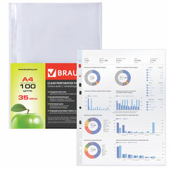 Папки-файлы перфорированные А4 BRAUBERG &laquo;PREMIUM&raquo;, комплект 100 шт., гладкие, &laquo;Яблоко&raquo;, 35 мкм, 221710