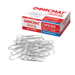 Изображение товара Набор никелированных скрепок ОФИСМАГ 28 мм 100 шт в картонной коробке Россия