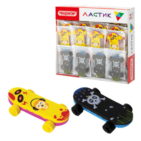 Ластик фигурный ПИФАГОР "Скейт", 57х32х11 мм, ассорти, 222481