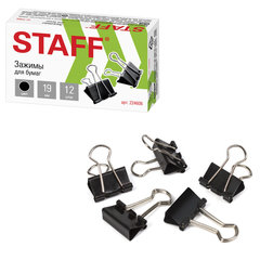 Зажимы для бумаг STAFF &laquo;EVERYDAY&raquo;, КОМПЛЕКТ 12 шт., 19 мм, на 60 листов, черные, картонная коробка, 224606